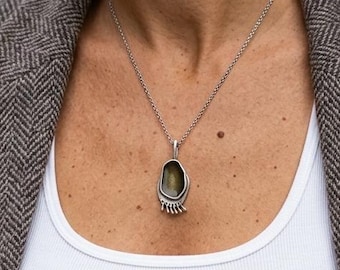 Long Silver Pendant Necklace, Olive Statement Pendant, Stainless Steel Chain, Sculptural Boho Necklace, Modern Ethnic Jewelry