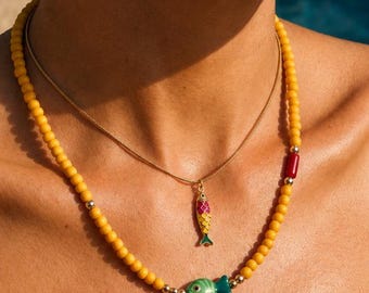 Gold Fish Necklace, Multicolor Enamel Stainless Steel Pendant
