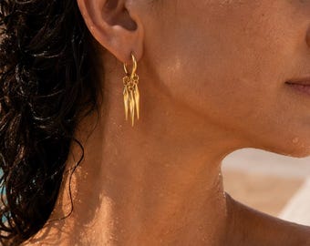 Gold Spike Hoop Earrings, Dangle Huggie Earrings With Three Charms