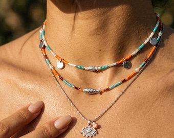 Silver Fish Beaded Necklace, Colorful Miyuki Choker, Coin Charm Necklace, Turquoise Orange Summer Jewelry