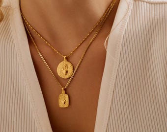 Rectangular mexican heart pendant wt gold sequin crossed chain, stacking layered boho necklace bohemian dainty, valentine gift for her