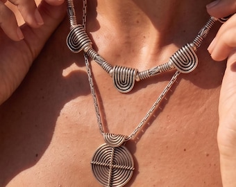 Silver Ancient Greek Necklace, Geometric Statement Necklace, Classical Ethnic Jewelry, Sculptural Silver Collar