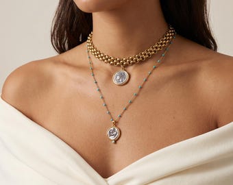 Chunky Gold Coin Choker, Ancient Coin Two Tone Medallion Necklace, Statement Chain, Greek Inspired Jewelry