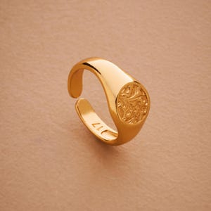 Anello con sigillo floreale in oro, stile boho hippie placcato oro 24k