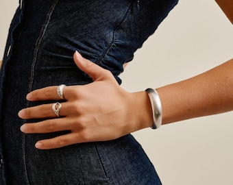 Big Silver Sade Bold Cuff, Silver Plated Bold Cuff Bracelet, Minimalist Boho Style (6-7.5 in)