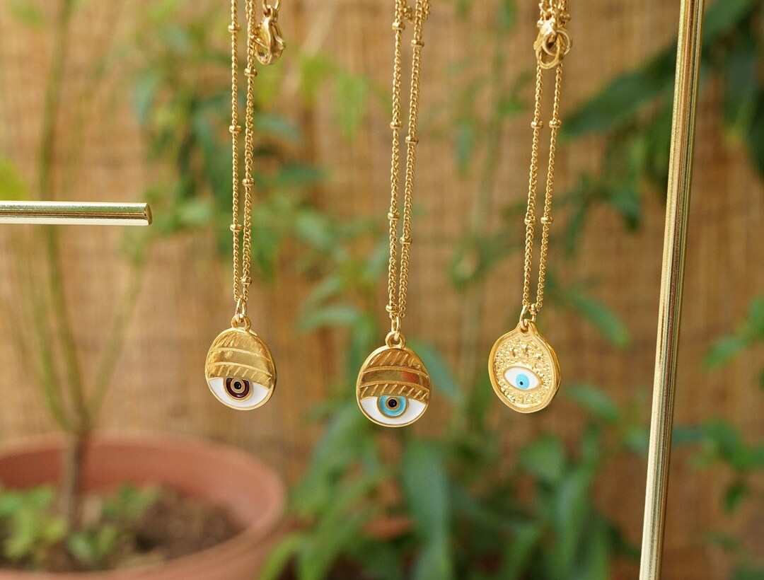Gold Evil Eye Protection Pendant, Dainty Beaded Gold Stainless Steel — free download