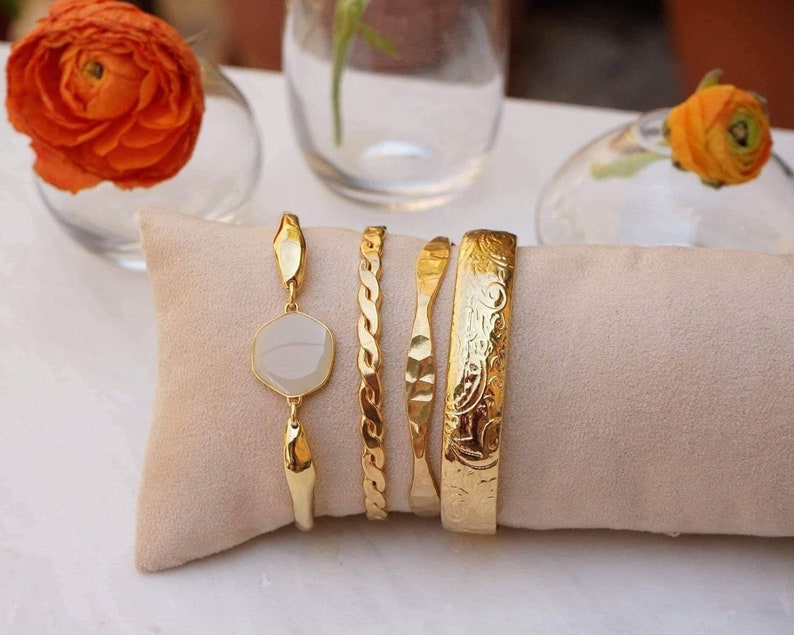 Antique gold ethnic tribal cuff wt floral pattern, stacking bracelet stack, hippie boho delicate minimalist, free people style, 5-6.5 in image 8