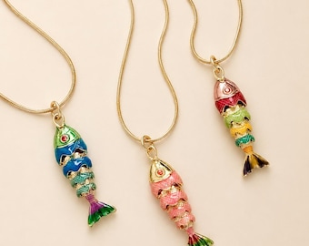 Gold Fish Necklace, Moving Enamel Fish Pendant, Stainless Steel Snake Chain, Colorful Summer Jewelry, Three Colors