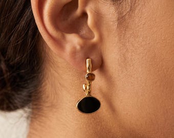 Gold Long Enamel Earrings, Abstract Statement Studs, Blue Brown Black Earrings, Sculptural Earrings, Titanium Posts