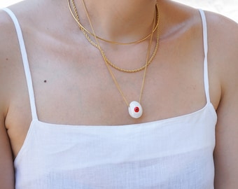 Gold Dainty Oval Evil Eye Protection Ceramic necklace, Gold stainless steel chain necklace modern enamel layered stacking boho lucky charm