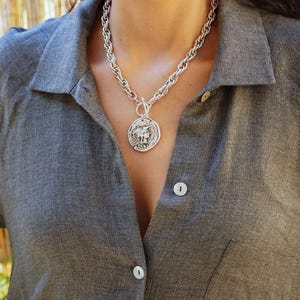 Athena goddess coin pendant silver t-clasp locket necklace, grecian medallion ancient greek jewelry, chunky chain choker, gift for her