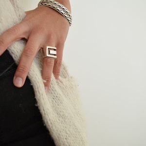 Antique silver geometric ring, big statement abstract modern ring boho jewelry gift for her, unisex strudy large square wide band ring image 8