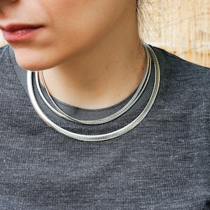 Silver flat snake chain choker, stainless steel choker chain, dainty thin layer necklace, minimalist layering, simple, everyday chain stack