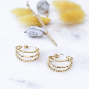 Gold triple braided hoops, triple layer hoop, multi hoop stainless steel earrings boho minimal geometric dainty stacking mother&#39;s day gift