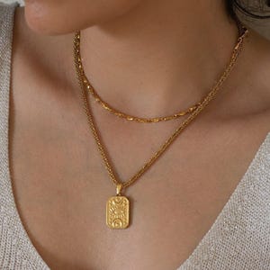 Gold rectangle moon evil eye pendant, thick gold plated stainless steel pendant summer celestial dainty layering necklace stacking boho