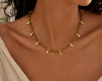 Green Glass Bead Necklace, Gold Drop Charm Necklace