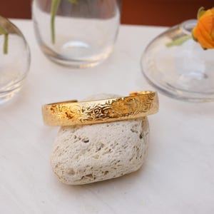 Antique gold ethnic tribal cuff wt floral pattern, stacking bracelet stack, hippie boho delicate minimalist, free people style, 5-6.5 in