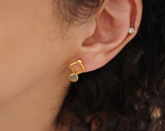 Gold Plated RHOMBUS Studs wt Grey/Evil Eye Enamel Earrings, Small Dainty Dangling Celestial Pushback Earrings Minimal Dainty Boho earrings