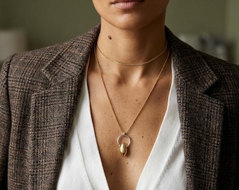 Two Tone Pendant Necklace, Gold Silver Mixed Metal Necklace, Abstract Oval Pendant, Long Ball Chain Necklace, Modern Statement Jewelry