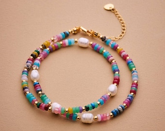 Colorful agate and pearl beaded necklace