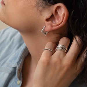 Silver rhombus 3/4 hoop earrings, silver triangle hoops, silver plated geometric hoops chunky earrings minimalist dainty boho stacking hoop