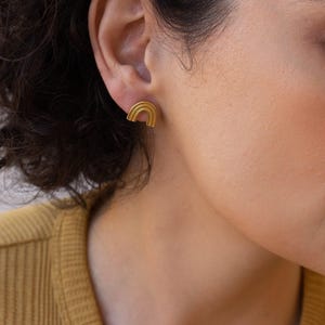 Gold rainbow stud earrings, over the rainbow gold plated stud earrings dainty boho trendy modern earrings gift for her delicate minimal stud