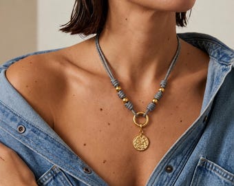 Grey Rope Necklace with Removable Coin Pendant, Gold Ancient Coin Necklace, Front Clasp Necklace, Archaeological Style Jewelry
