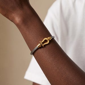 Può includere: Un bracciale in stile cavo caratterizzato da una fascia in filo metallico intrecciato color argento e da una chiusura centrale in metallo dorato a forma di ferro di cavallo. La chiusura è fissata con una barra orizzontale e due terminali cilindrici.