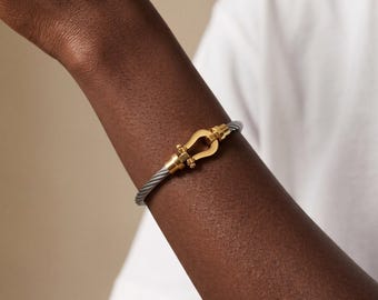 Two Tone Cable Cuff Bracelet, Horseshoe Clasp Bracelet, Twisted Stainless Steel Bracelet, Silver Gold Statement Cuff