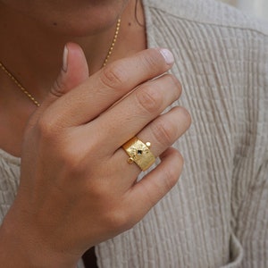 Gold ethnic rhombus ring, 24k gold plated black/turquoise ethnic boho minimal ring, gift for her, ethnic tribal, dainty meditation yoga ring