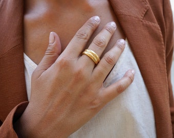 Gold scratched double band ring, 24k gold plated hammered unisex bohemian minimal statement ring, silver man ring stackable minimalist ring