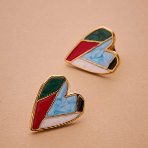 Colorful Heart Stud Earrings, Enamel Heart Earrings, 18K Gold Plated Stainless Steel, Multicolor Studs, Statement Earrings, Modern Jewelry