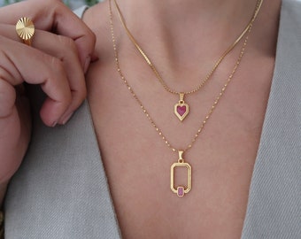 Set of 2 gold necklaces with orthogonal wireframe pendant and a heart  enamel charm, layered stacking bohemian dainty hippie jewellery, gift