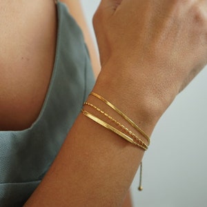 Gold double chain bracelet, stacked dainty gold shiny snake stainless steel bracelet stacking layering boho delicate minimalist gift 4 mom