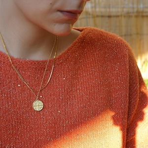 Gold cross talisman lucky coin steel chain necklace, layered stacking jewelry, bohemian dainty hippie,  birthday gift for her, gold disc