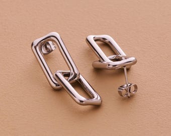 Silver paperclip earrings, silver link drop earrings, waterproof rectangular studs