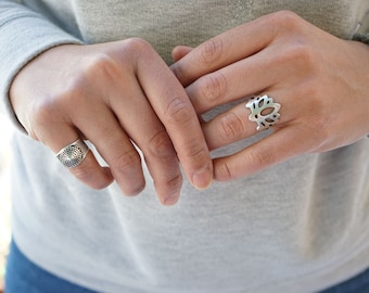 Silver Lotus Ring, Bohemian Minimalist Statement ring, Boho Gift for her, Ethnic, Free people, dainty flower jewelry, Meditation yoga ring