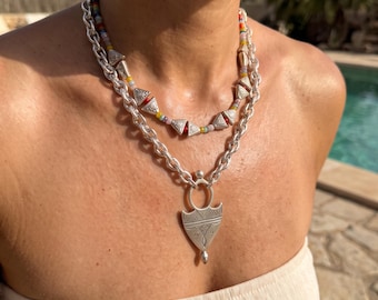 Silver Sun Triangle Beaded Necklace, Multicolor Jade Necklace, Ethnic Geometric Necklace, Colorful Short Necklace