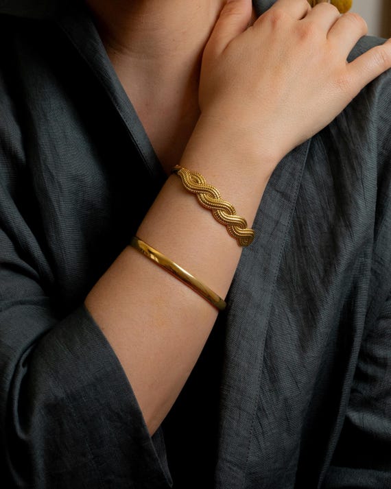 Bracelet Manchette Large En Acier Inoxydable Doré - Style Jonc, Pour Femme, Neuf Sans Emballage