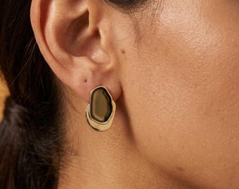 Gold Statement Earrings with Enamel, Organic Stud Earrings, Sculptural Earrings, Brown Enamel Earrings, Titanium Posts