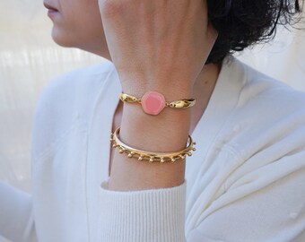 Gold coral enamel hexagon pendant bracelet, stacking wristband cuff, bohemian delicate dainty gold everyday minimalist bracelet gift for mom