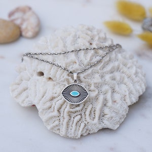 Antique Silver Eye Protection pendant wt Black/Turquoise enamel, Beaded stainless steel chain necklace layered stacking boho lucky charm