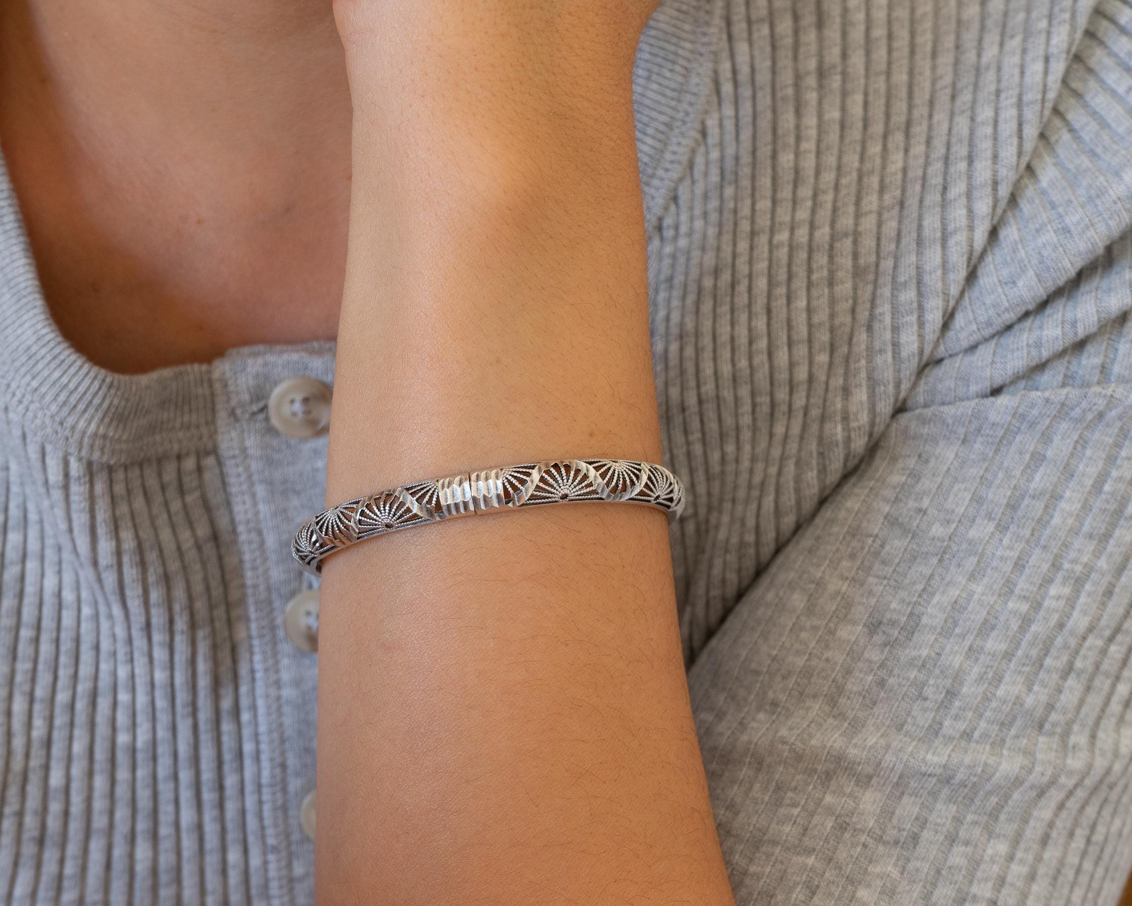 Silver Bangle, Silver Perforated Bangle, Stackable Floral
