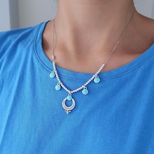 Silver turquoise round enamel charms with round ethnic motif pendant, stainless steel colourful layering necklace, stacking bohemian dainty