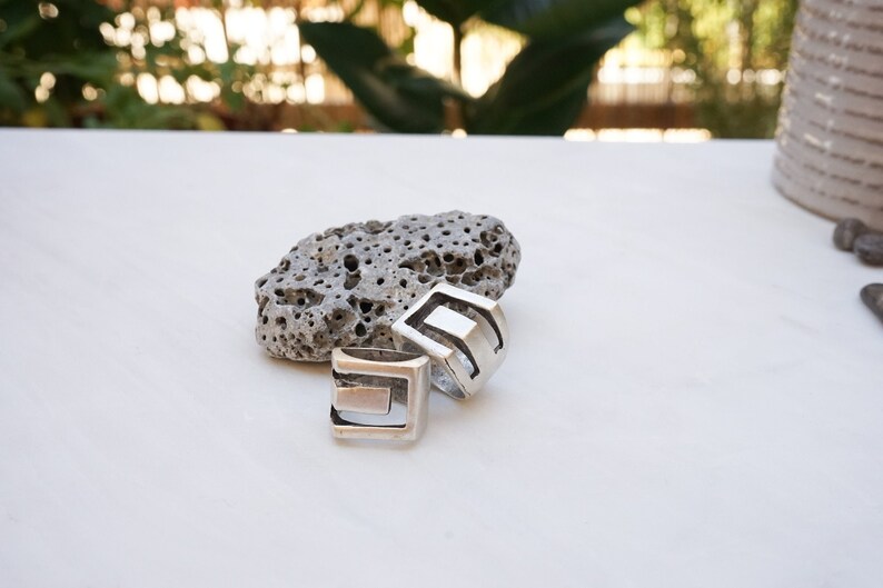 Antieke zilveren geometrische ring, grote statement abstracte moderne ring boho sieraden cadeau voor haar, unisex strudy grote vierkante brede bandring afbeelding 2