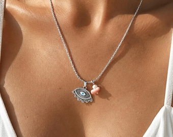 Silver Eye Necklace, Coral and Pearl Pendant, Spiritual Evil Eye Jewelry, Stainless Steel Chain