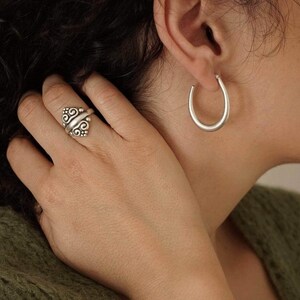 Silver bold hoop earrings, silver oval chunky large hoops, oval bold hoops dainty organic flowing shape minimal bohemian earrings gift 4 her