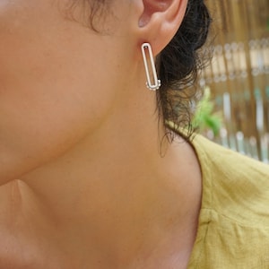 Long silver rectangle drop stud earrings, long rectangle geometric pin wt details, boho trendy modern earrings gift 4 her delicate minimal