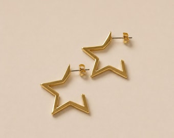 Gold Star Hoop Earrings, Big Open Star Studs With Titanium Pin