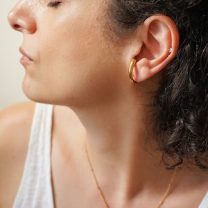 Gold long lobe hugger earring, semicircle ear hugger stud long stainless steel earrings, long minimal line gold huggie hoop earrings
